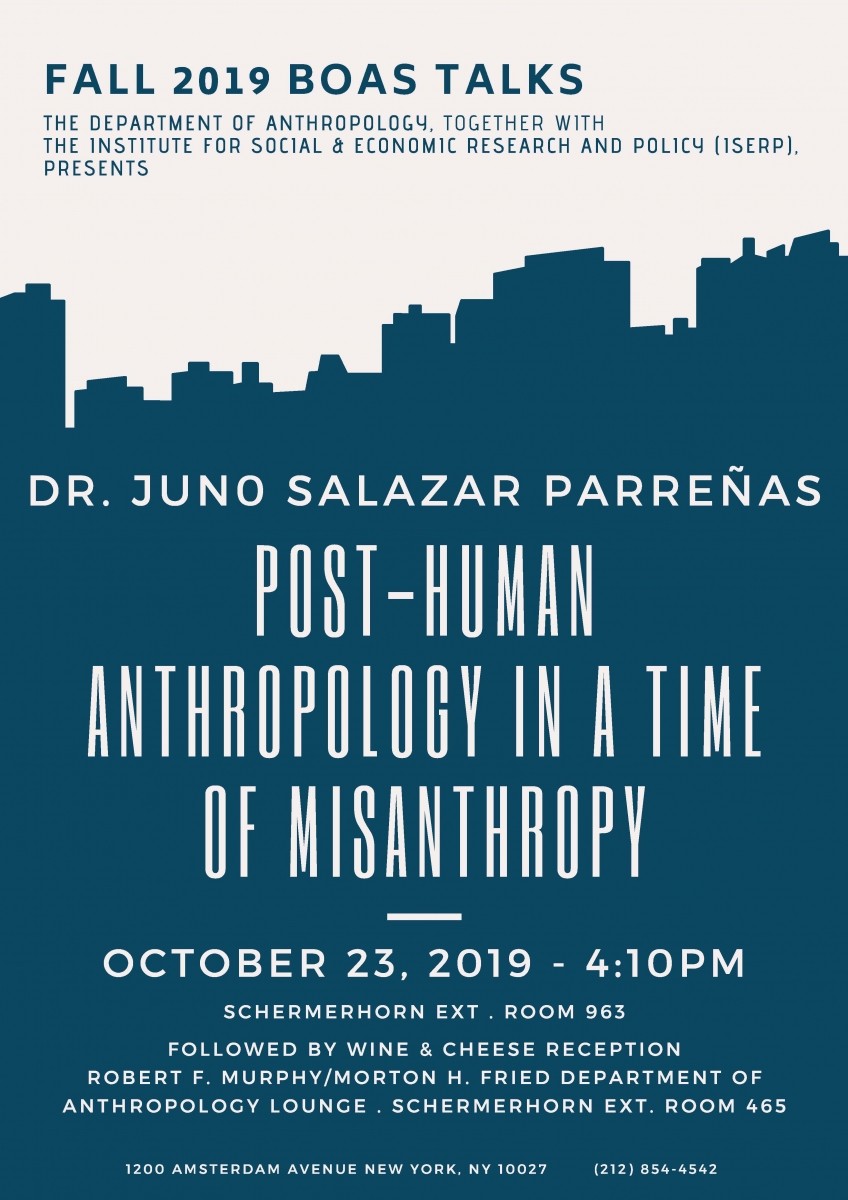Poster for the Franz Boas Talk by Dr. Juno Salazar Parreñas - October 23.