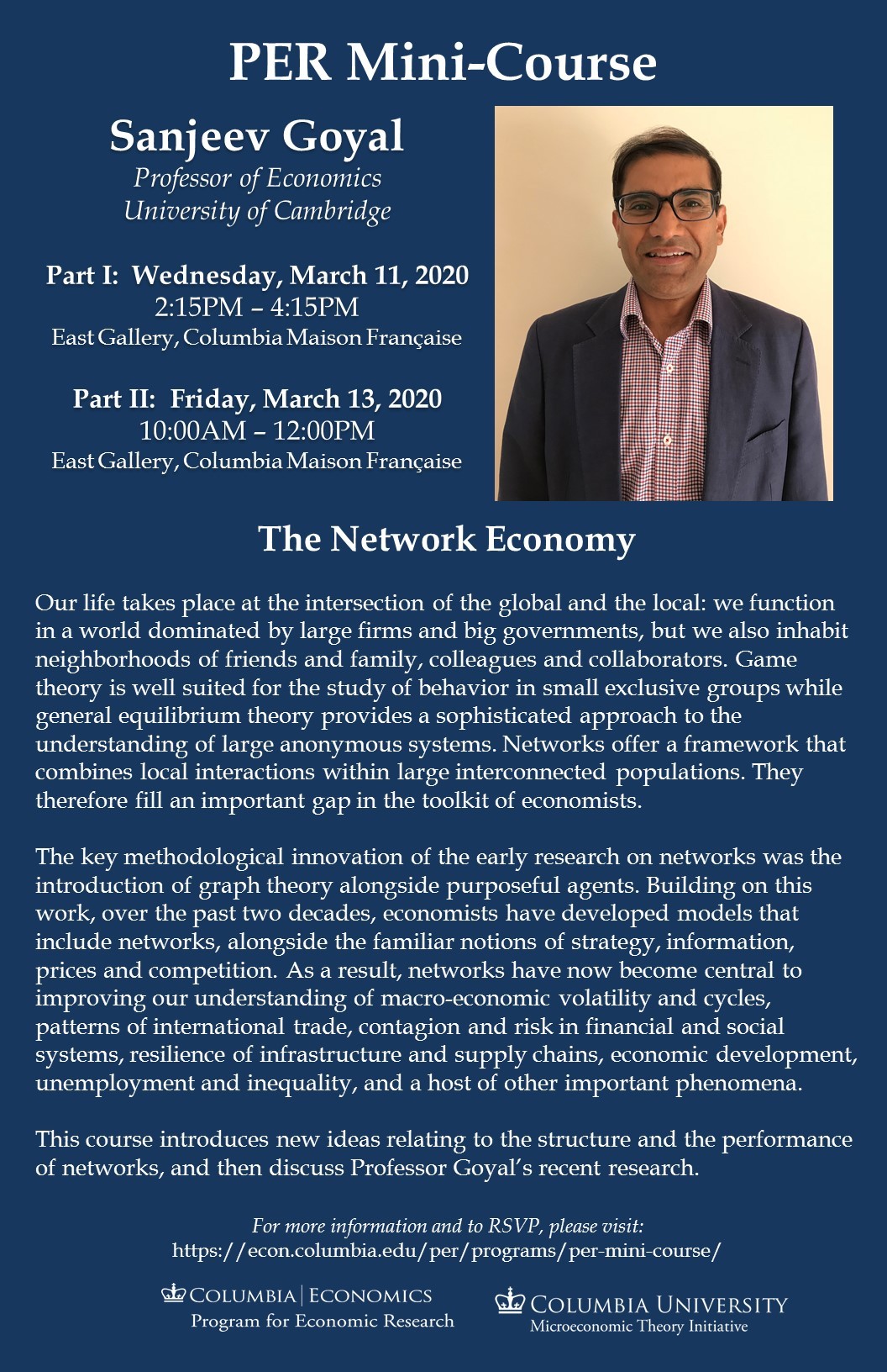 Poster for PER Mini Course – Sanjeev Goyal, Professor of Economics, University of Cambridge.