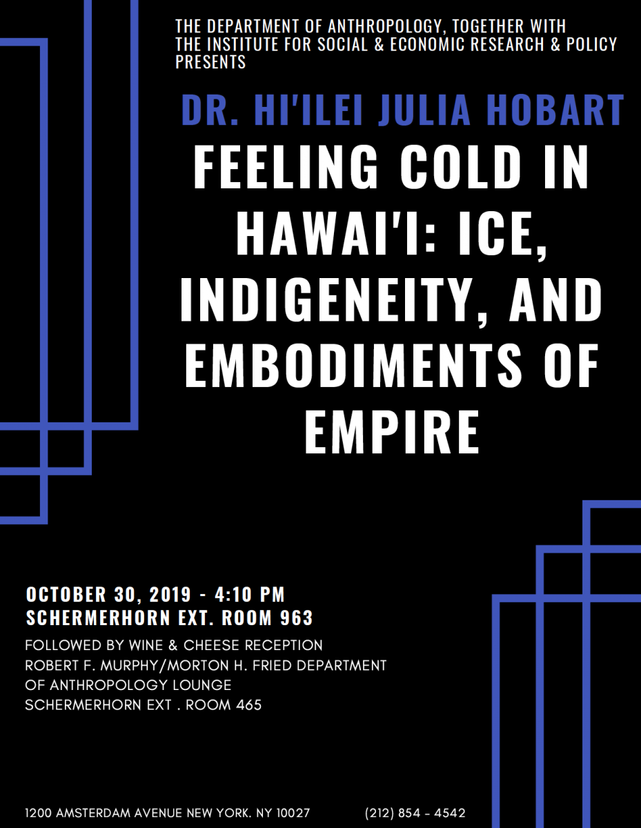 Poster for the Franz Boas Talk: 'Feeling Cold in Hawai'i: Ice, Indigeneity, and Embodiments of Empire' by Dr Hi'ilei Hobart event.