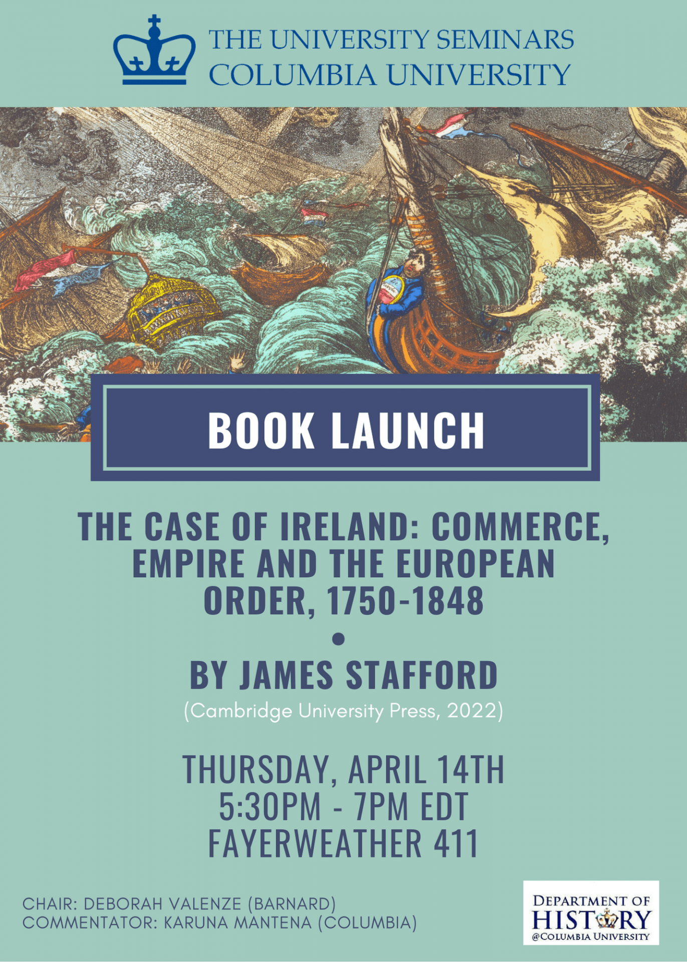A poster for Book Launch, The University Seminars: The Case of Ireland: Commerce Empire and the European Order.