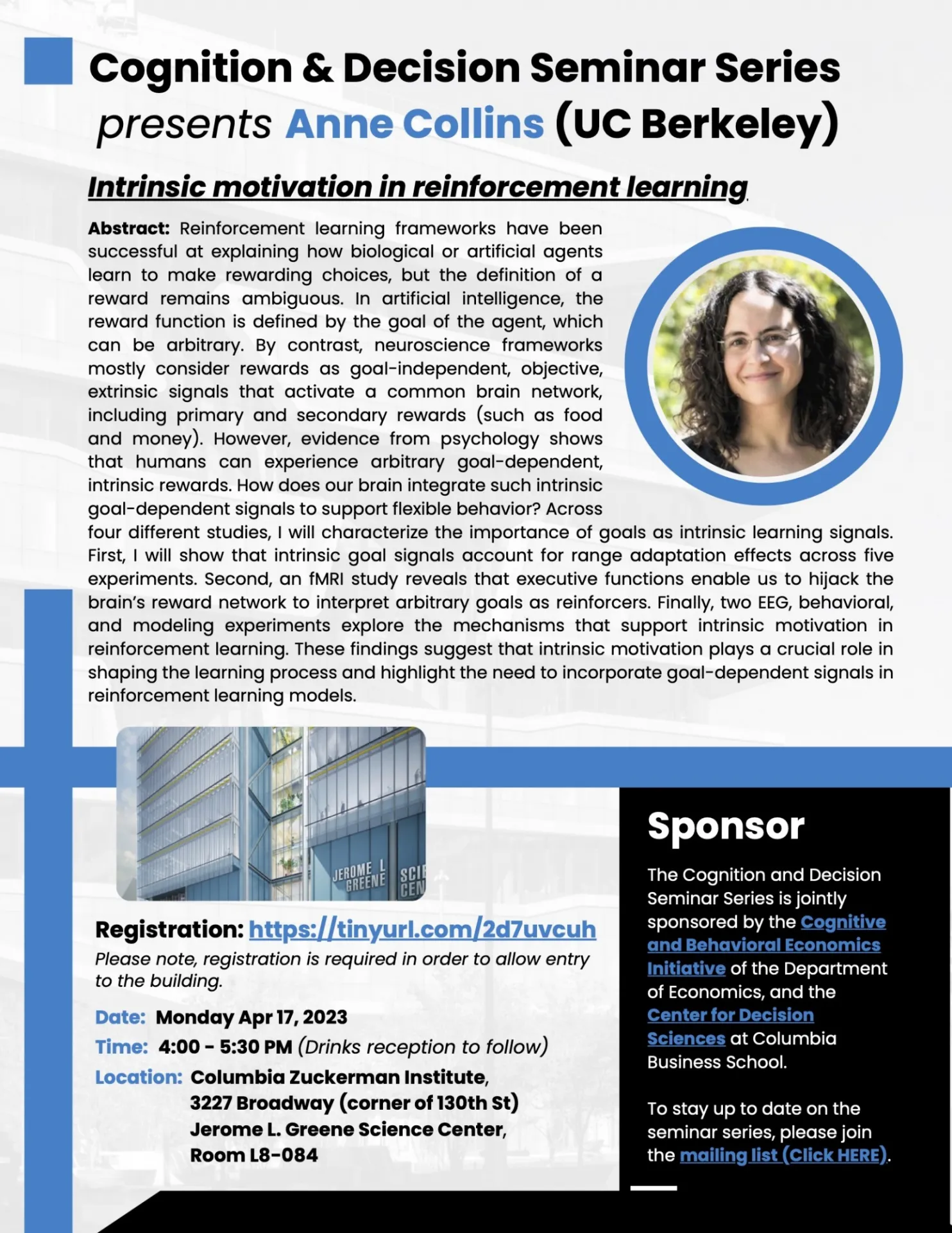 Cognition & Decision Seminar Series presents Anne Collins (UC Berkeley)