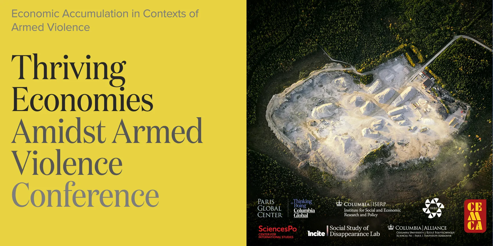 Thriving Economies Amidst Armed Violence poster, featuring a bomb site and a list of sponsors, including ISERP