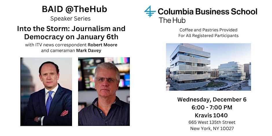 A flyer with the two speakers Robert Moore and Mark Davey as well as a picture of the business school.