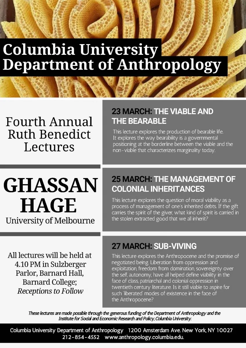Poster for the Department of Anthropology Fourth Annual Ruth Benedict Lectures: The Management of Colonial Inheritances